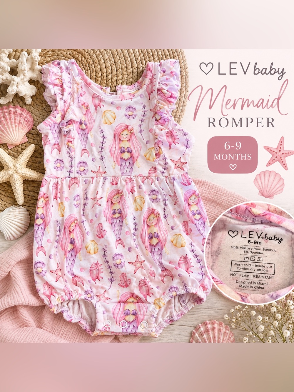 LEV Baby Pink Mermaid Bamboo Bubble Romper 6-9 Months